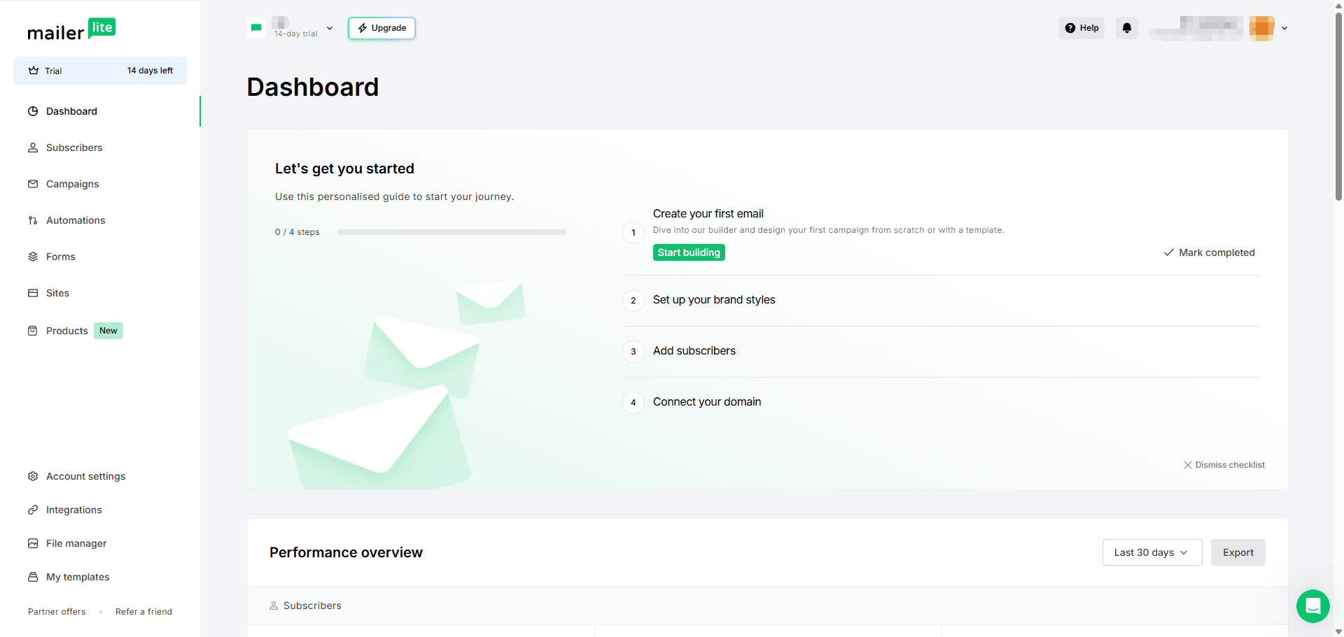 MailerLite dashboard showing onboarding checklist, trial status, and left-side navigation.