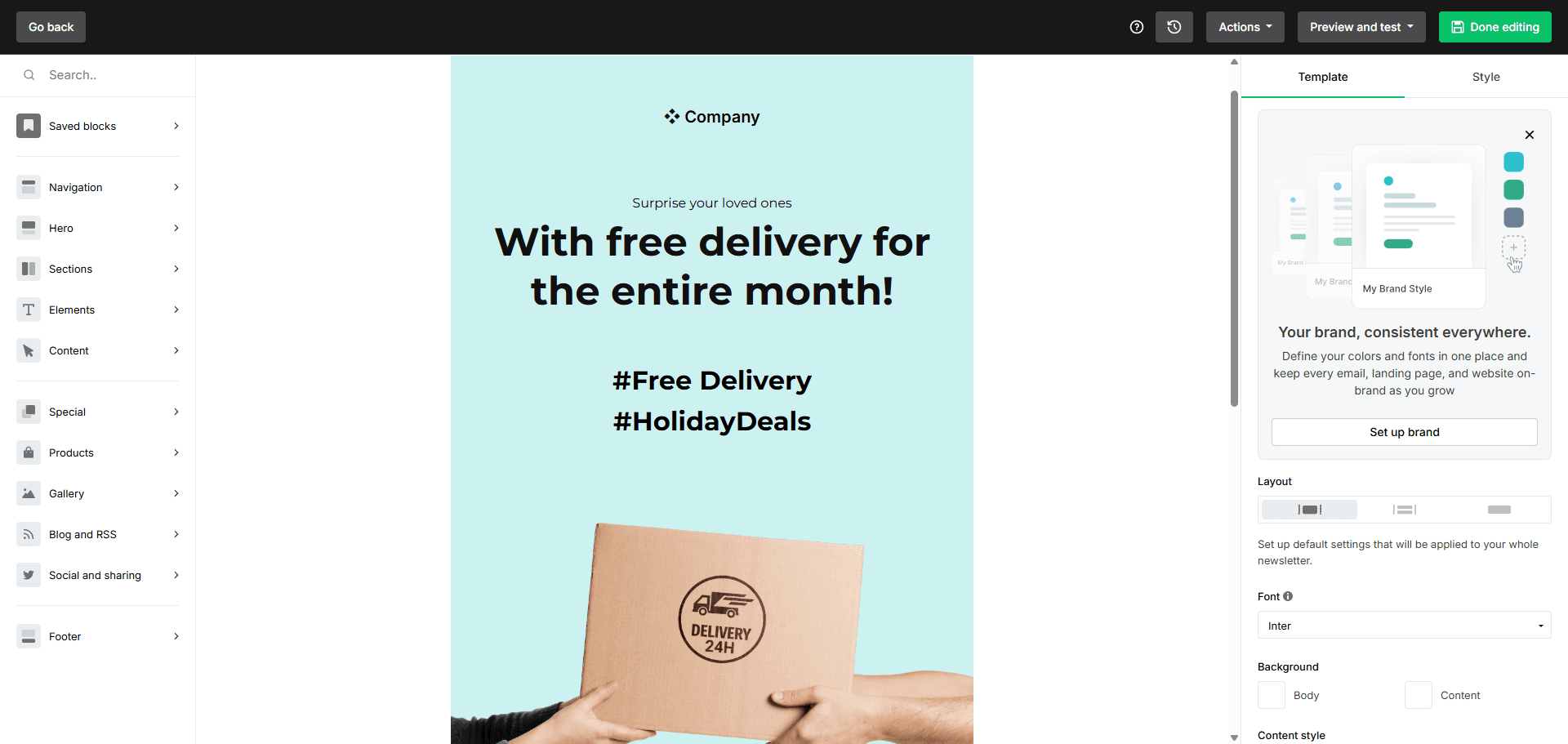 MailerLite drag-and-drop email editor with content blocks and style settings.