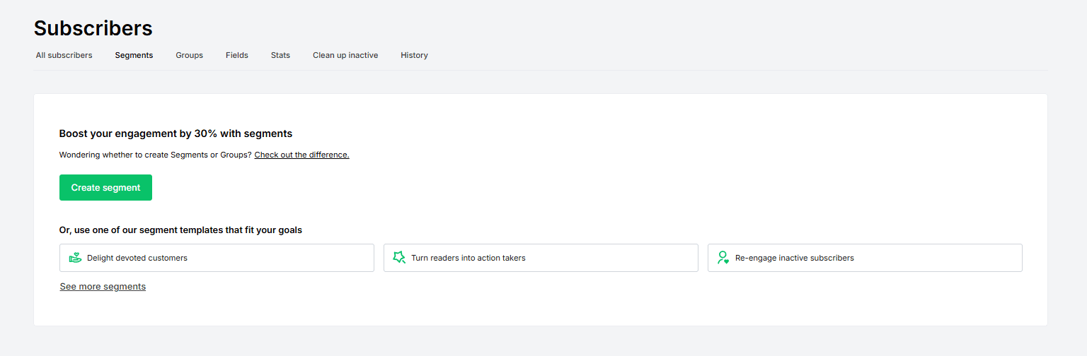 MailerLite groups and segments screen.